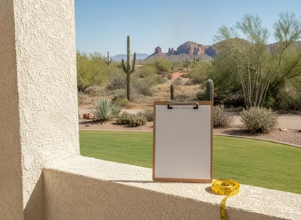 Clipboard and tape measure on a stucco wall beside a yard