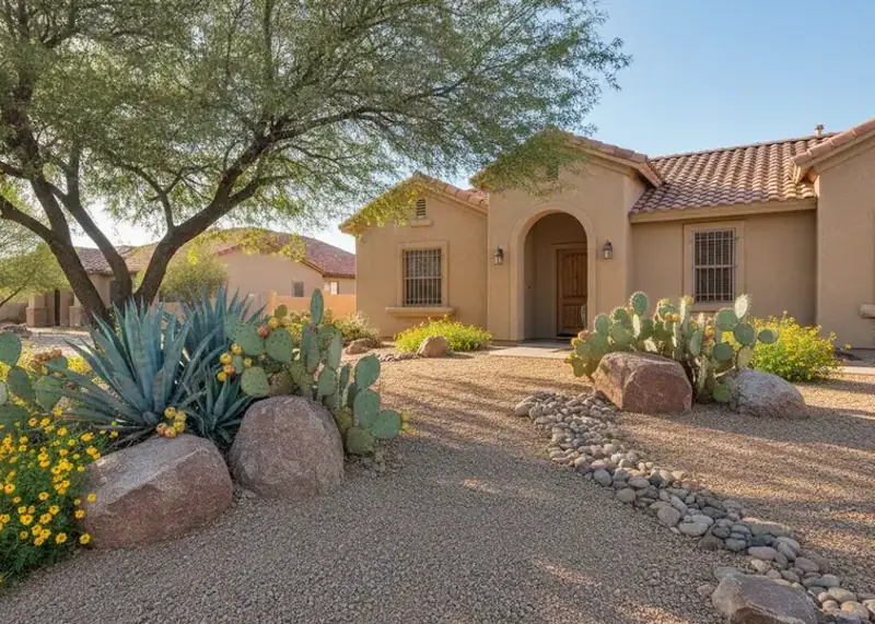 Desert landscape with gravel, boulders, agave and a mesquite tree