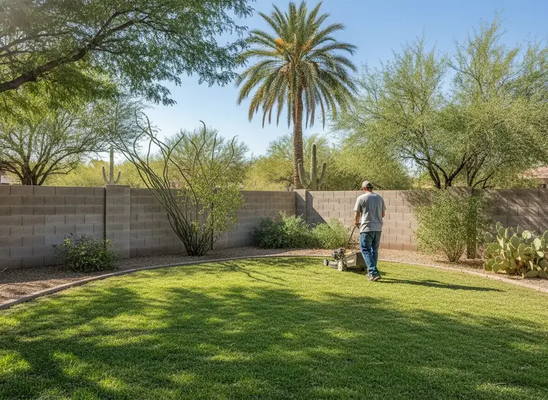 Worker seen from behind mowing a small backyard lawn beside a block wall