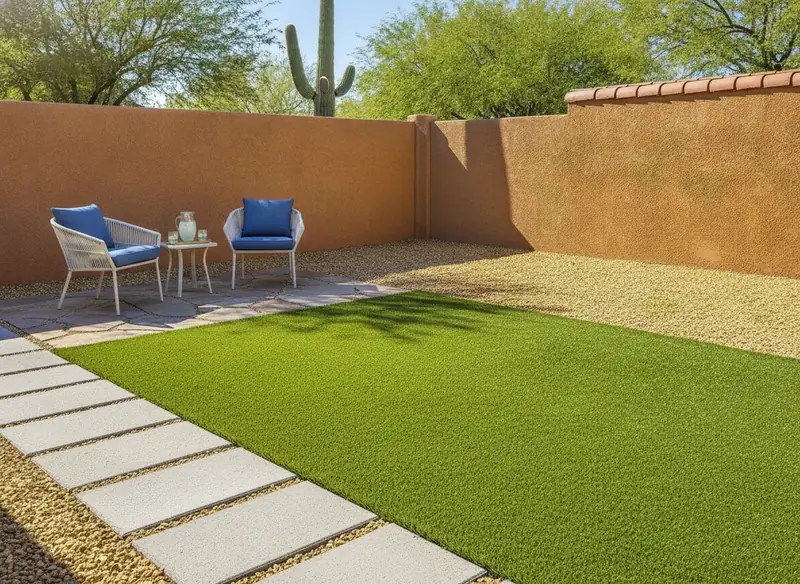 Artificial turf backyard edged with pavers and gravel